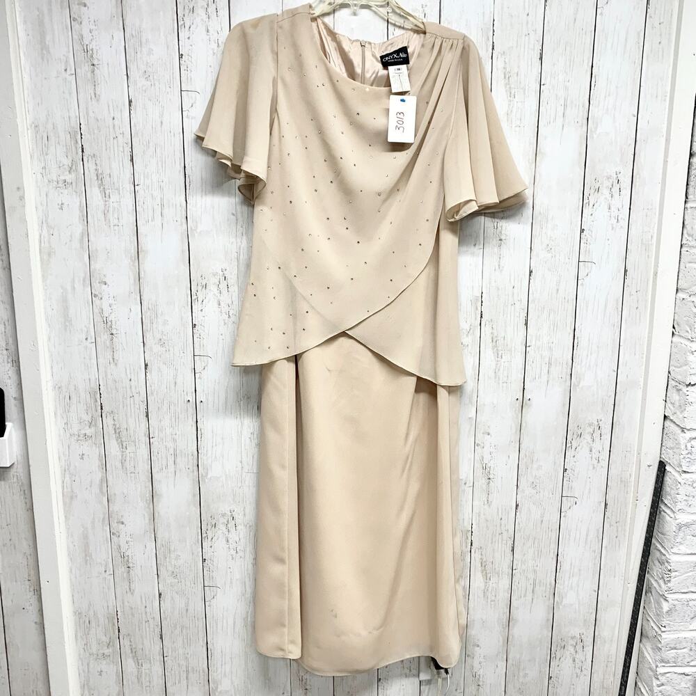 Vintage Onyx Nite Set Women Size 14 Beige Tea Length Skirt Flutter Sleeve Blouse
